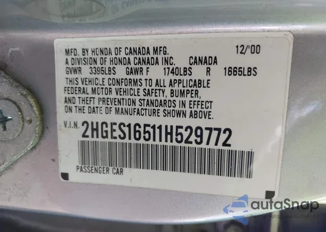 2001 Honda Civic Lx из США, поврежденный, VIN 2HGES16511H529772